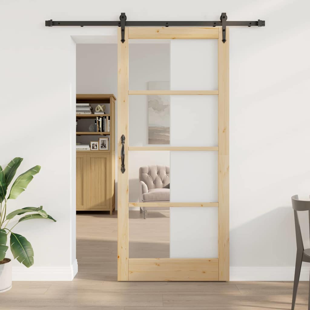 Novaro Csúszó ajtó 93 x 211 cm Tömör fenyőfa és üveg Természetes