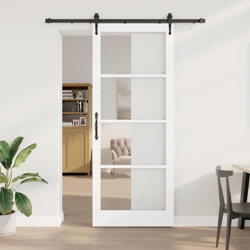 Novaro Csúszó ajtó 93 x 232 cm Tömör fenyőfa és üveg Fehér