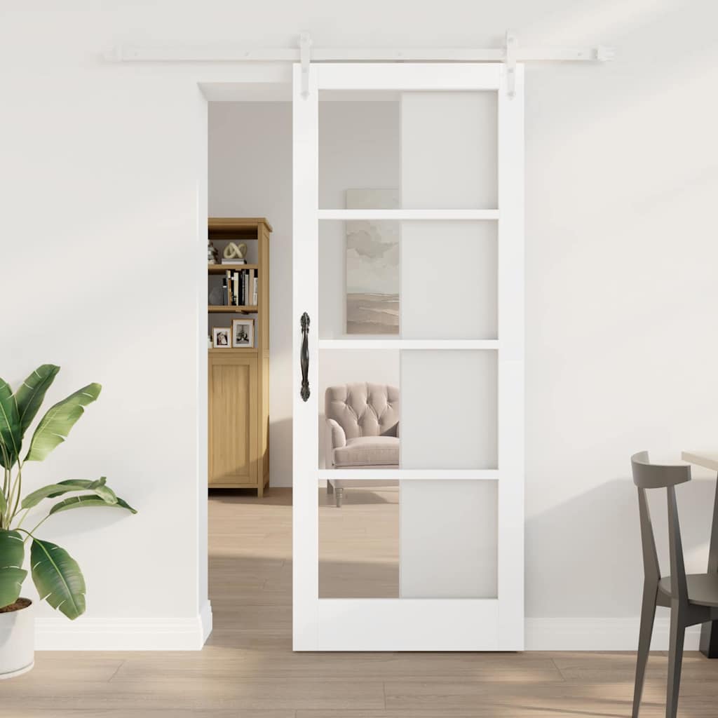 Novaro Csúszó ajtó 83 x 211 cm Tömör fenyőfa és üveg Fehér