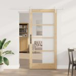 Novaro Csúszó ajtó 93 x 202 cm Tömör fenyőfa és üveg Természetes