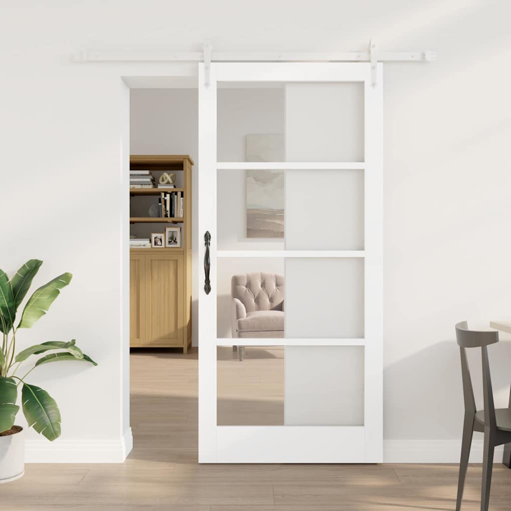 Novaro Csúszó ajtó 93 x 202 cm Tömör fenyőfa és üveg Fehér