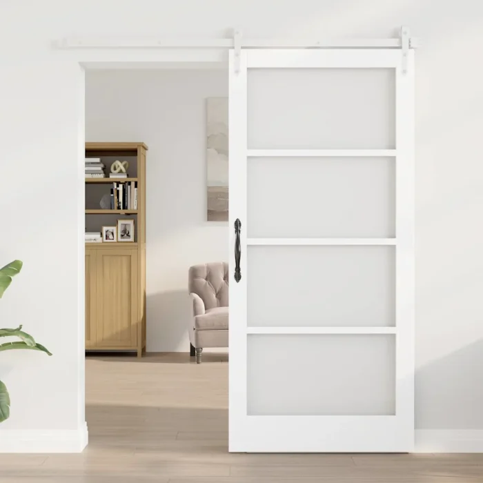 Novaro Csúszó ajtó 93 x 202 cm Tömör fenyőfa és üveg Fehér