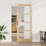 Novaro Csúszó ajtó 93 x 232 cm Tömör fenyőfa és üveg Természetes