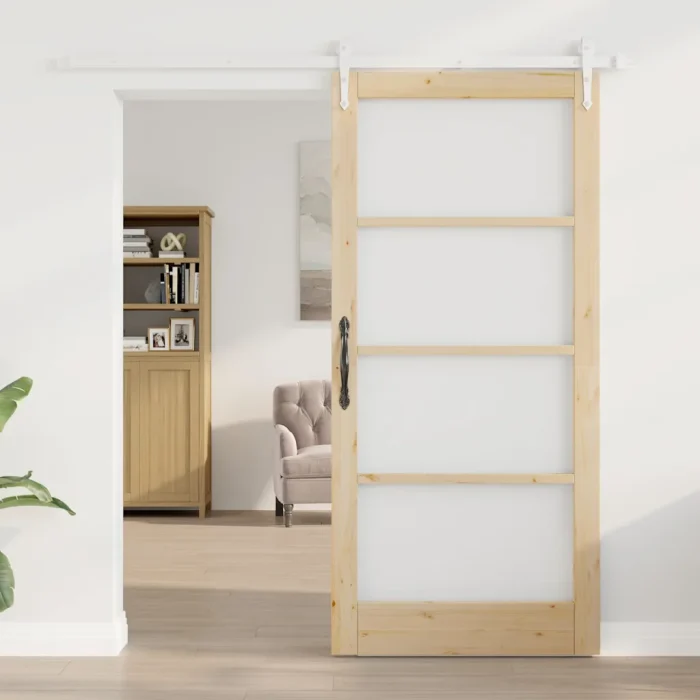 Novaro Csúszó ajtó 93 x 202 cm Tömör fenyőfa és üveg Természetes