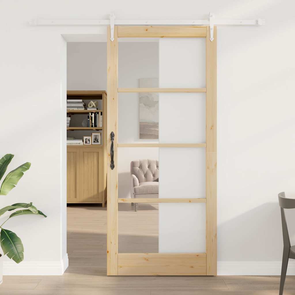 Novaro Csúszó ajtó 93 x 211 cm Tömör fenyőfa és üveg Természetes