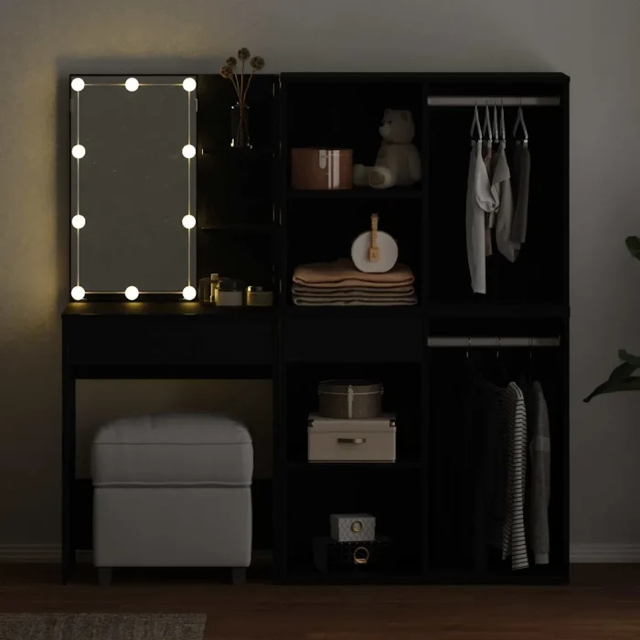 Novaro LED Sminkasztal Szett Fekete tölgy 140 x 40 x 140 cm Szerelt Fa