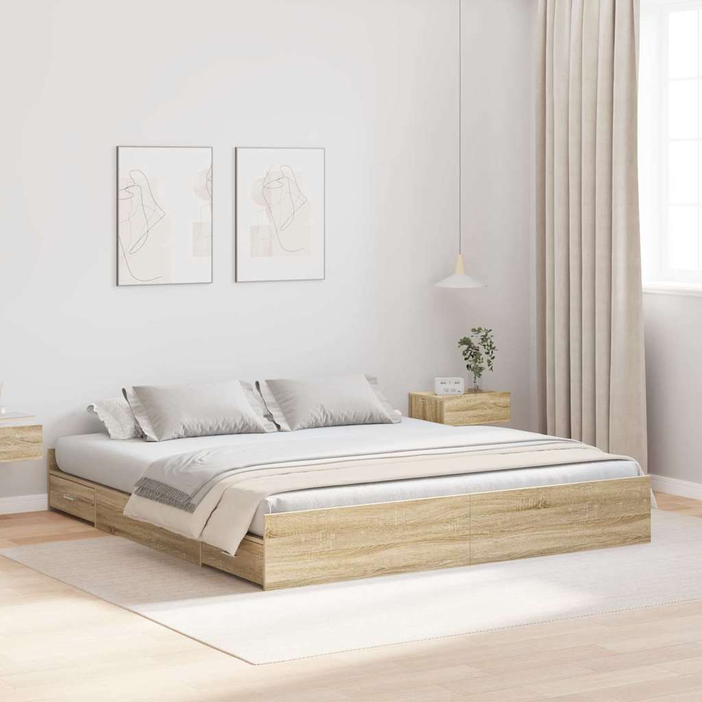 Novaro Ágykeret tárolóval fiókkal Sonoma tölgy 200 x 200 cm Szerelt Fa