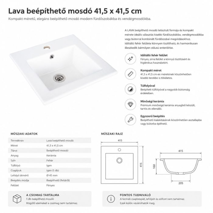 Lava beépíthető mosdó 41,5 x 41,5 cm