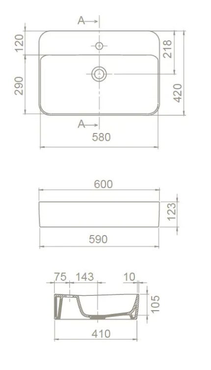 CeraStyle HERA - PULTRA ültethető - Top Counter - porcelán mosdó - 60 x 42 cm
