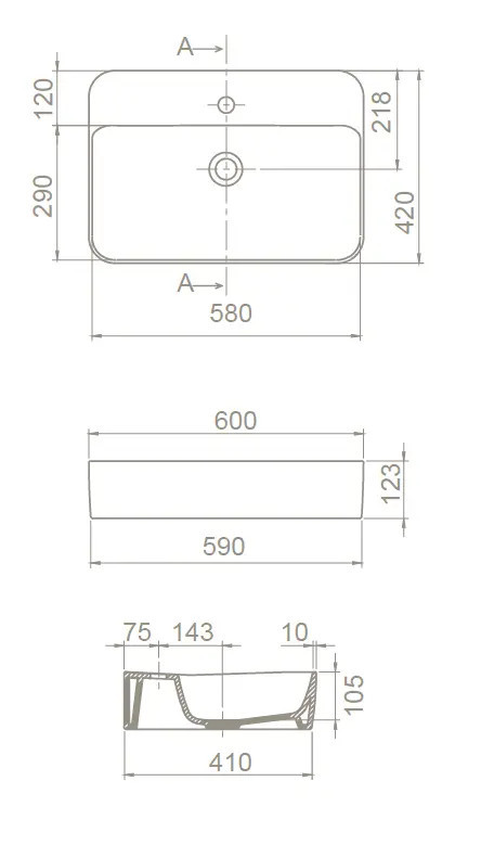 CeraStyle HERA - PULTRA ültethető - Top Counter - porcelán mosdó - 60 x 42 cm